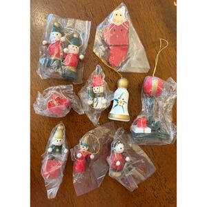 Vintage NIP Wooden Christmas Ornament Lot Hand Painted 1" Wood Figurines